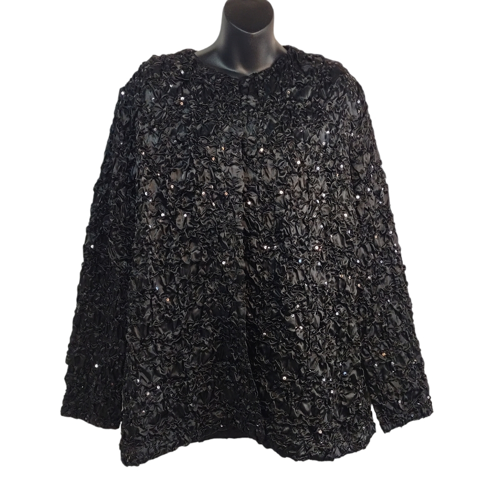 Jasmine Women's Black Ruched Stretch Sequined Top Cardigan Size XL